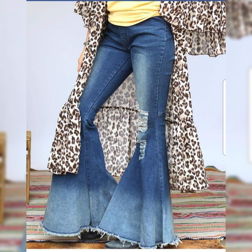 Turquoise Haven distressed bell bottom jeans